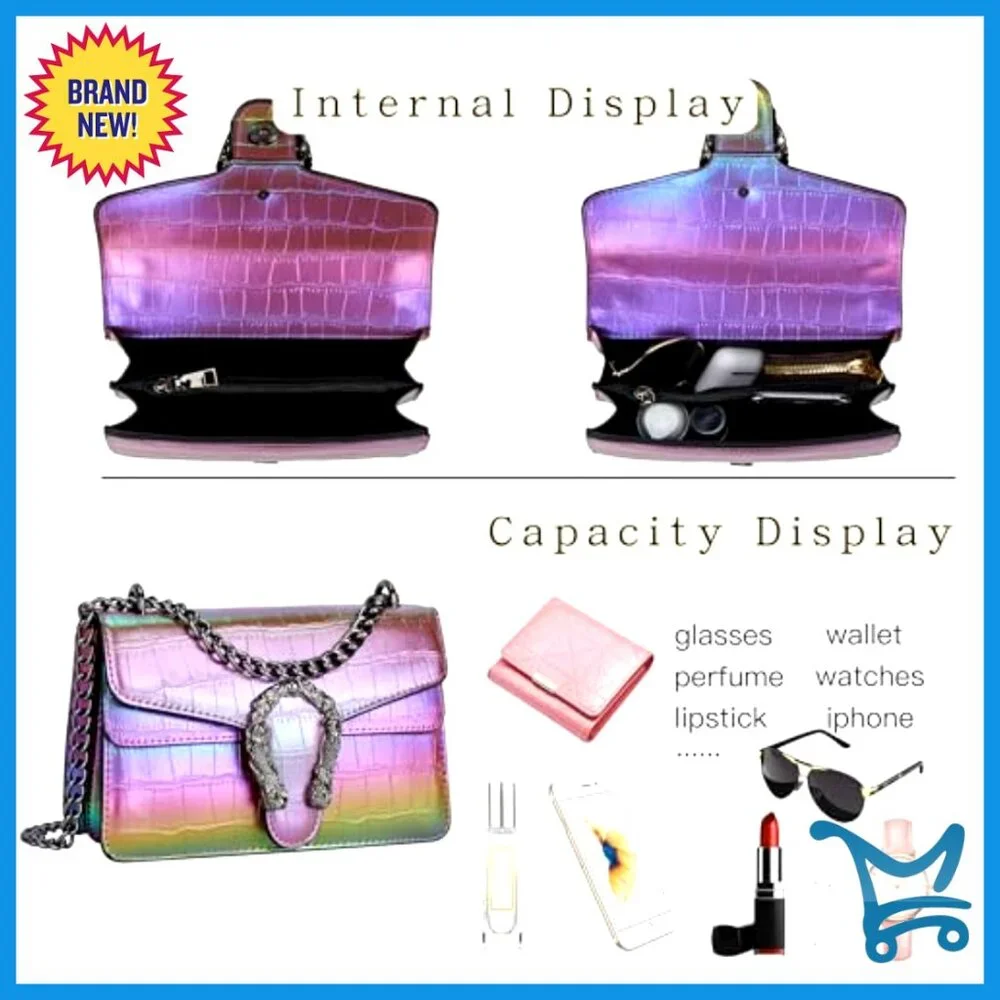 Vintage Snake Print PU Leather Crossbody Bag with Chain Strap - 9x3.1x5.5 - Picture 6 of 7